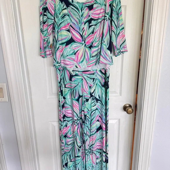 Lilly Pulitzer WESLEE SETHigh Tide Navy Dancing LadyTop With PantsPink XL